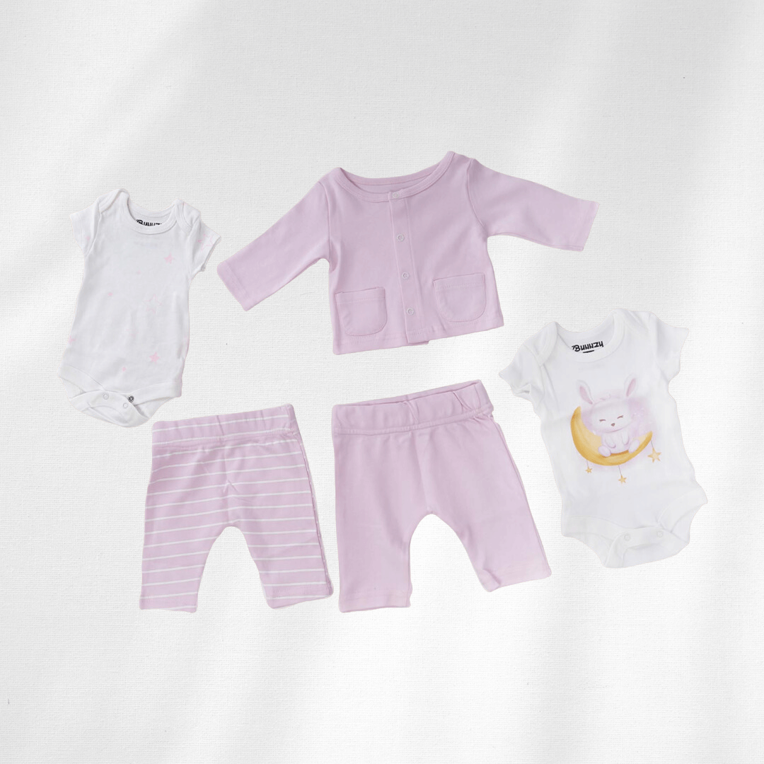 Newborn Clothing five pieces for baby girls , includes strip baby pants, plain baby pants, two baby bodysuits and newborn jacket