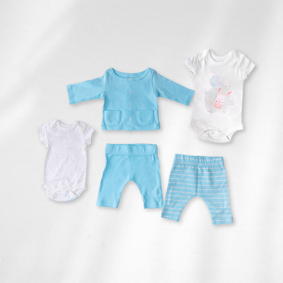 "Newborn Clothing" five pieces, includes strip baby pants, plain baby pants, two baby bodysuits and newborn jacket